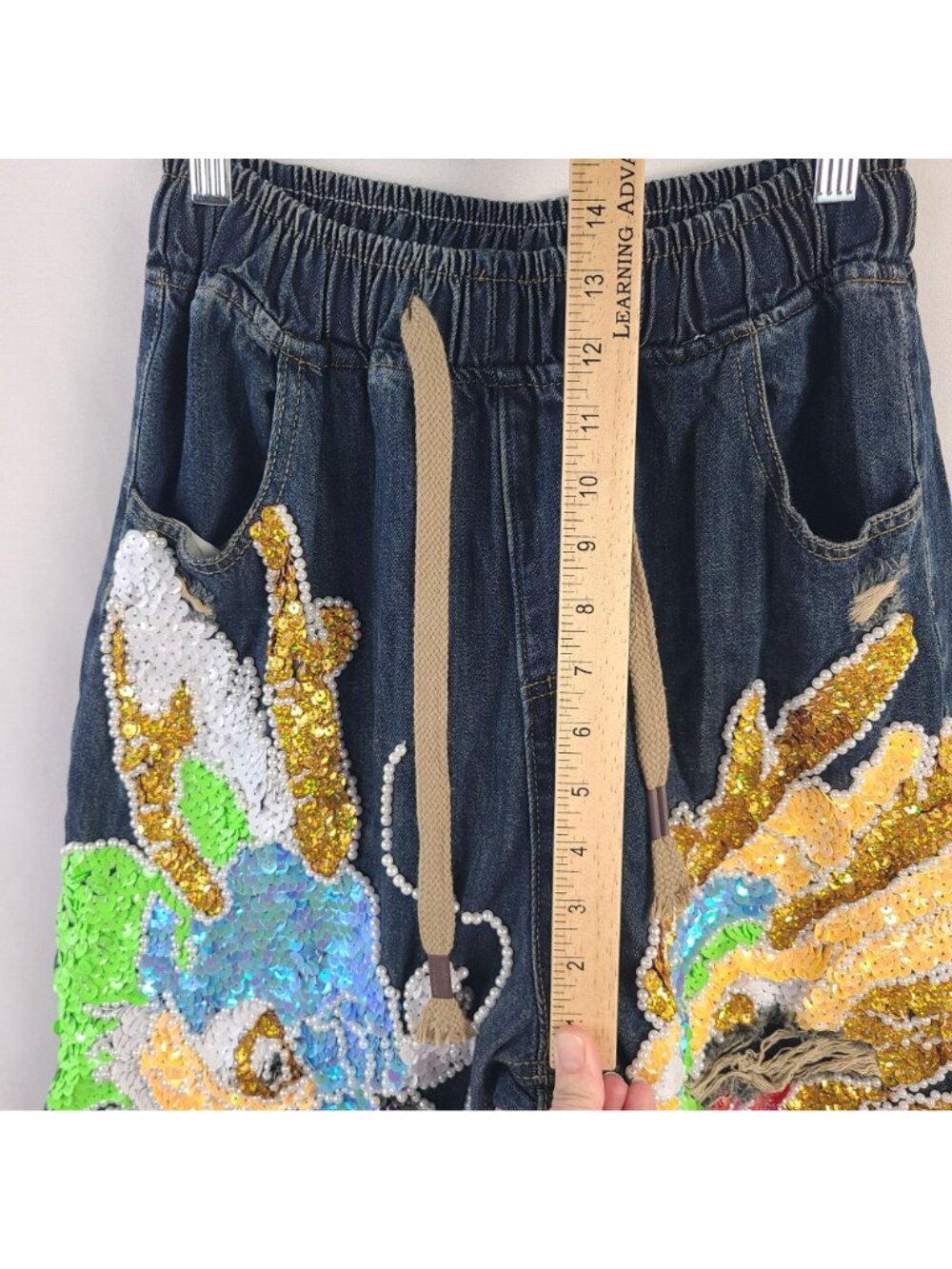 Kitmaple Dragon Sequin Embellished Denim Jogger Pants With Drawstring Waist - Picture 6 of 11